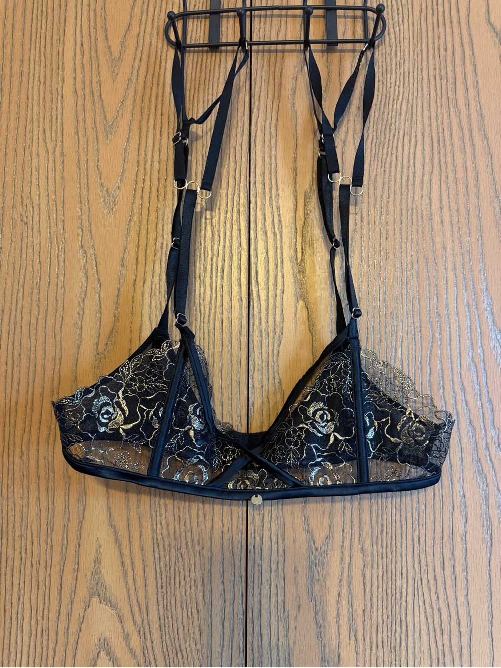Vamp by Bras N Things Black Lace Floral Bralette with Gold Accents